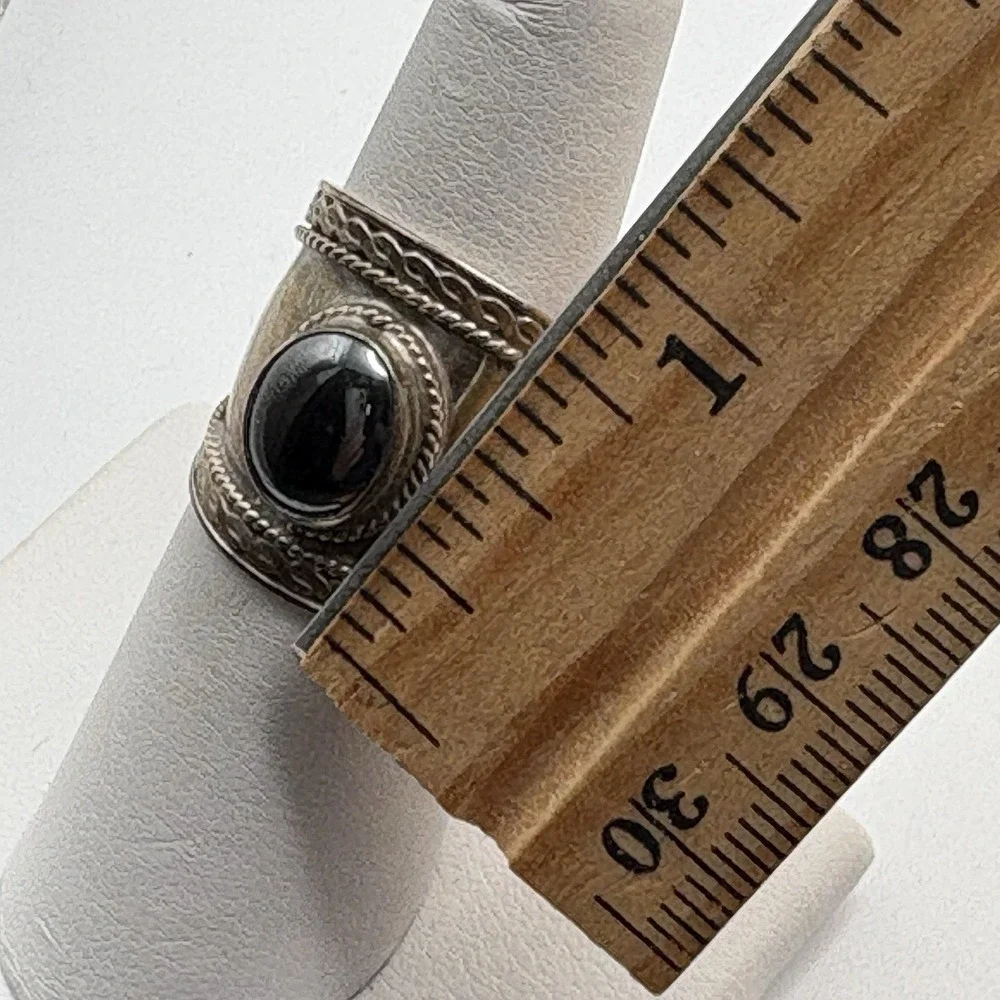 Vintage Sterling Silver Hematite Wide Band Ring Size 7 Bali Boho Braided Estate